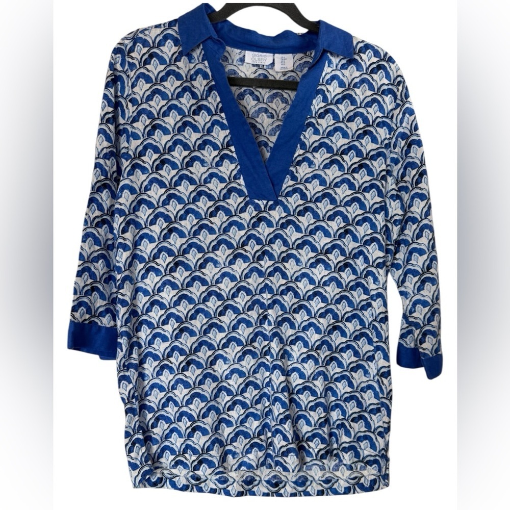 Sigrid Olsen Blue and White Linen Tunic Top